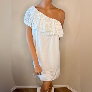 Abercrombie & Fitch White One Shoulder Eyelet Ruffle Dress Size L Boho Summer